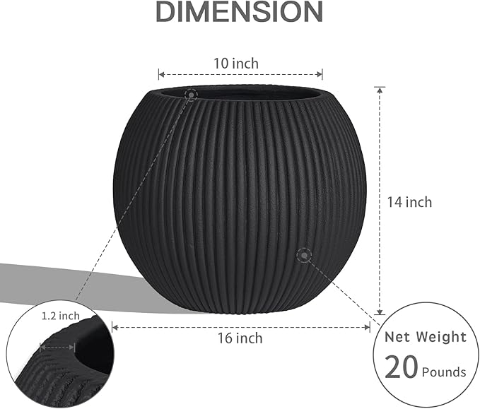TerraDeco 16 Inch Handmade Concrete Outdoor Planter - Classic Striped Design | Fiberglass & Composite Material | Durable for Commercial & Home Decor