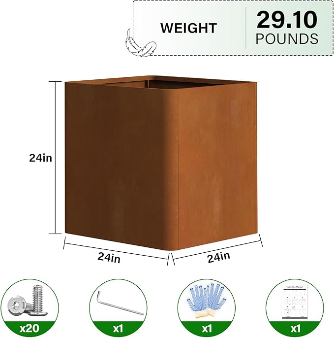 BHCORTEN Corten Steel Planter Box 24" L x 24" W x 24" H,Large Metal Square Planter for Outdoor Plants,Metal Cube Flower Pot with Drainage Hole for Porch Hotel Patio Yard