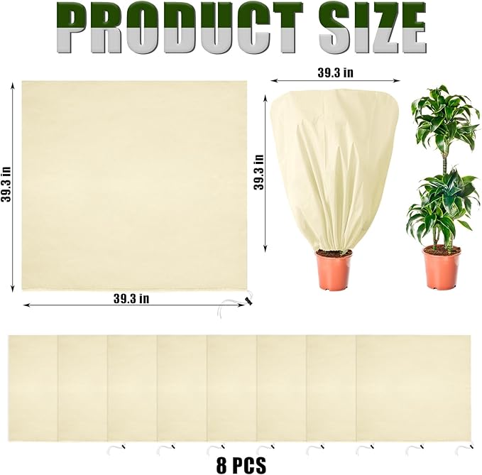 EYNDYN 8 Pcs Plant Covers Frost Protection Bag 39.3" x 39.3" Winter Reusable Plants Jacket with Drawstring Shrub Protection Wraps Bags Frost Blanket for Winter Outdoor Garden Plants