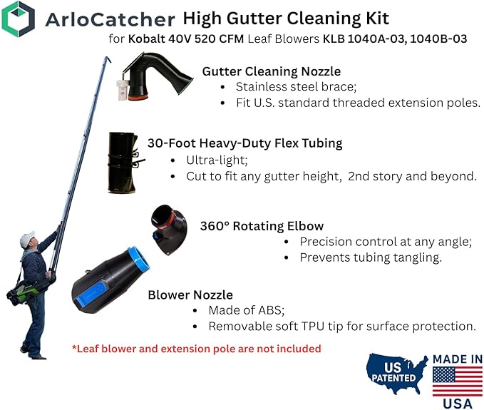 ArloCatcher 2-Story High Gutter Cleaning Kit for Kobalt 40V 520 CFM KLB 1040A-03, 1040B-03, Clean Two-Story Gutters from Ground, Extension Pole Not Included