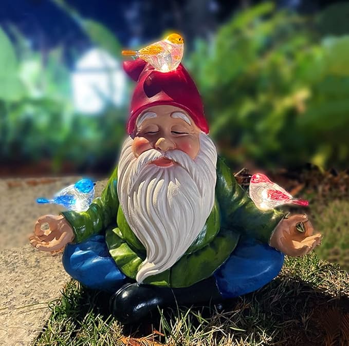 Solar Powered Gnome with Red Hat and 3 Birds, Resin Garden Ornament with LED Light, Lawn Figurine Outdoor Decoration Statue (Gnome with 3 Birds)