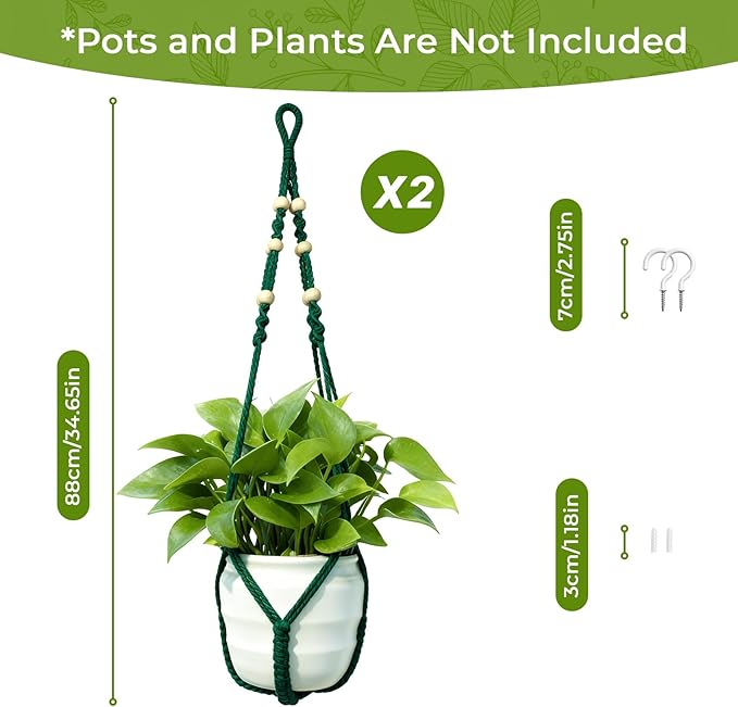 EJGIEGSO Macrame Plant Hanger,Up to 4-15 inch Pots, Wood Beads Cotton Hanging Planter Holder for Indoor Outdoor Boho Home Decor, 35 Inch, Ivory, Set of 2 (Green)