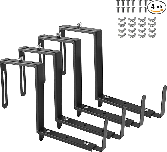 4-Pack Window Box Brackets,Adjustable Planter Box Brackets, Heavy Duty Q235 Steel Universal Outdoor Hanging Brackets, Flower Box Brackets for Fence Railings Windowsill Patio Garden Balcony