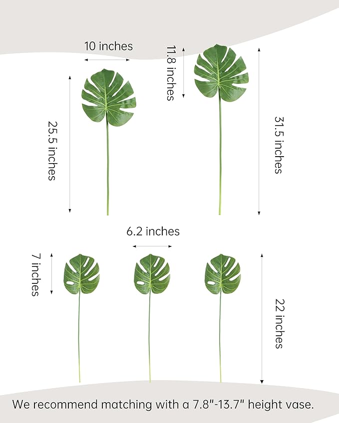 5pcs Artificial Monstera Leaves with Long Stem for Vase - Fake Tropical Plants Palm Leaves Realistic Turtle Leaves for Birthday Party Wedding Room Decor