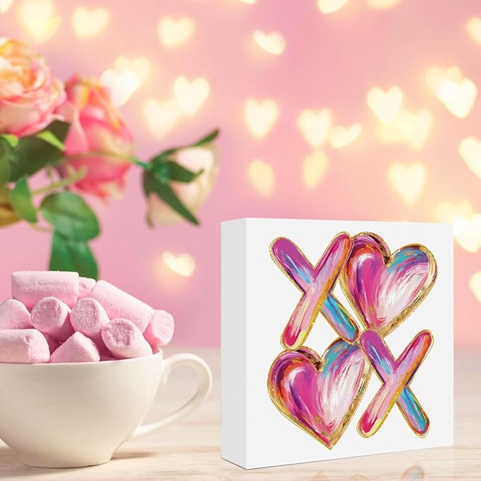 Valentines Day Decorations, Valentines Day Gifts for Her Him, Gift for Boyfriend Girlfriend, Romantic Pink Abstract Heart Anniversary Wooden Box Sign Husband Wife Home Office Bedroom Desk Decor