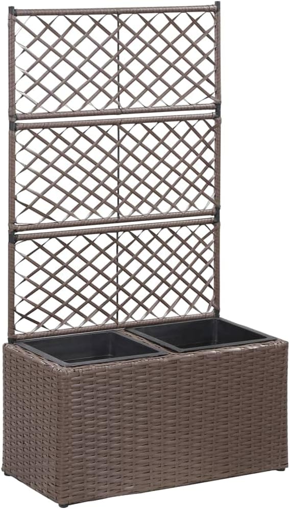 vidaXL Poly Rattan Brown Trellis Raised Bed - 2 Removable Pots with Large Flower Boxes - Built-in Support for Climbing Plants - Outdoor Patio Garden Decoration