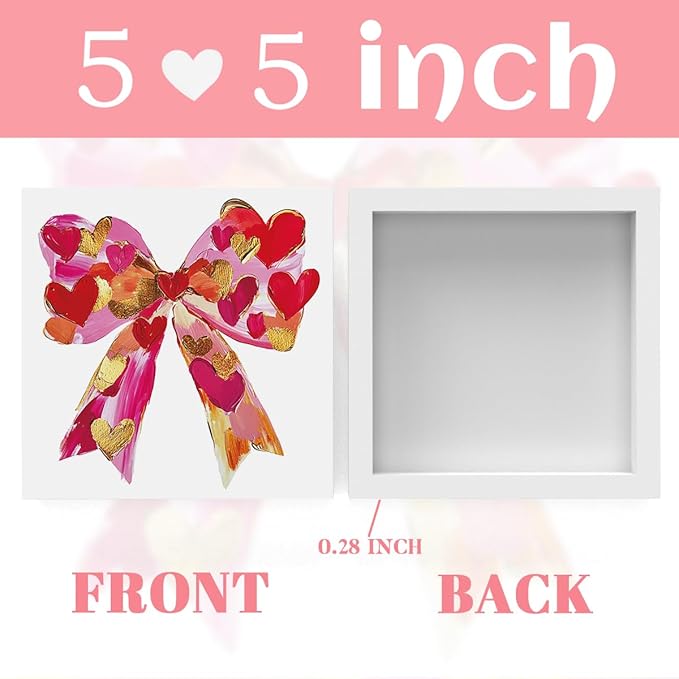 Valentines Day Decorations, Valentines Day Gifts for Her Him, Gift for Boyfriend Girlfriend, Romantic Pink Heart Bow Brushstroke Anniversary Wooden Box Sign Husband Wife Home Office Desk Decor