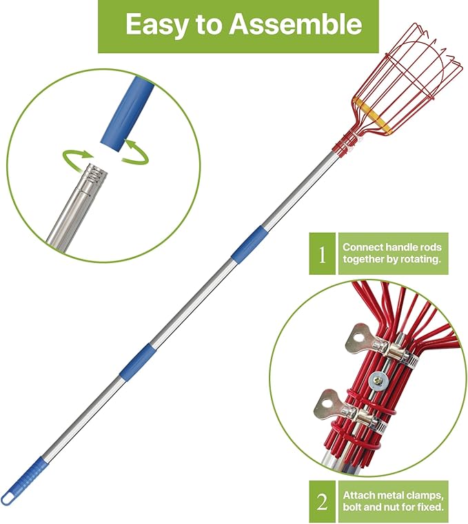 Fruit Picker, 8 ft Long Fruit Picker Pole with Basket Telescoping, Apple Fruit Tree Picker with Pole Extendable, Fruit Grabber & Cather with Stainless Steel Pole for Mango, Orange, Fig, Lemon