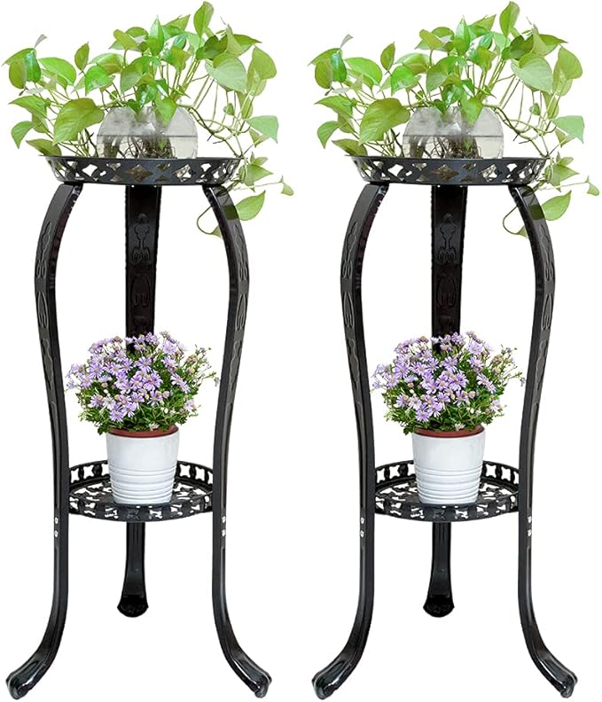 2 Pack Metal Potted Plant Stand 2 Tier Tall Flower Pot Stands Decorative Flower Pot Rack Planter Holders Indoor Outdoor