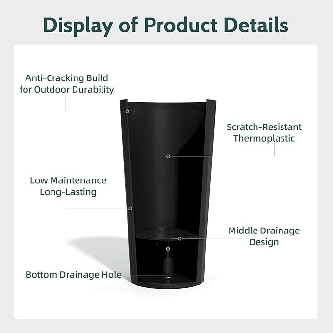 Diyfire 2PCS Tall Planters for Outdoor Plants, 23.6 Inches Large Outdoor Conical Flower Pots for Porch with Drainage Holes and Drainage Baffle, Tapered Large Planters for Garden, Balcony Use, Black
