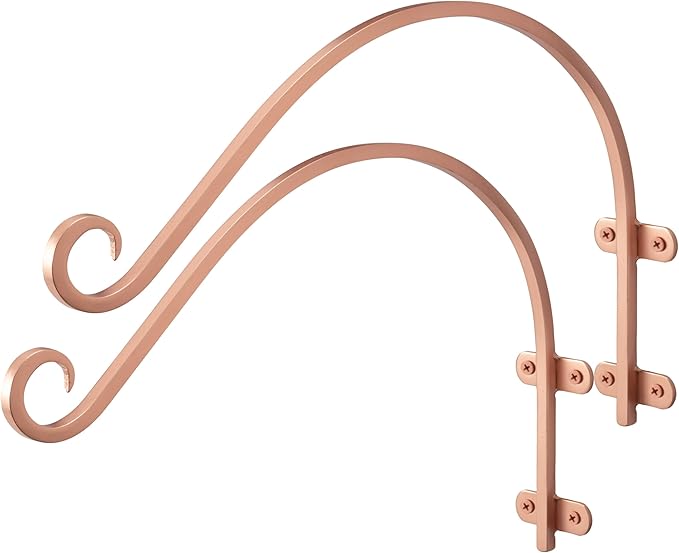 Monarch Abode Hanging Basket Hooks, Heavy Duty Metal Plant Hangers Outdoor or Indoor for Flower Basket, Wall Fence Hooks for Bird Feeder Bracket, Set of 2, 14-inch Copper Plant Wall Hanger