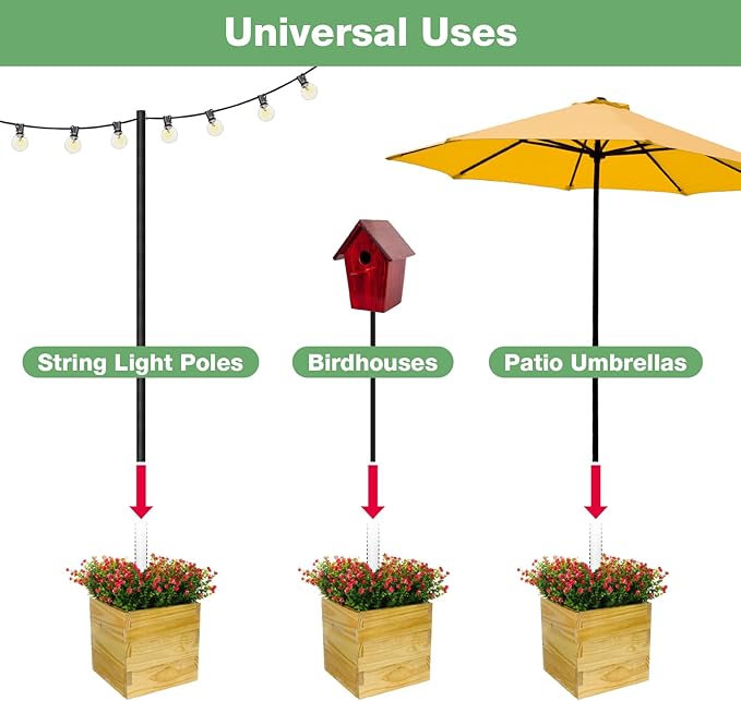 Large Decorative Wooden Planter w/ Universal Pole Support for String Light Poles, Umbrellas, Bird Feeders. Solid Wood Outdoor Garden Patio Box For Plants(Does not include Pole), 14"x14"x14", Natural