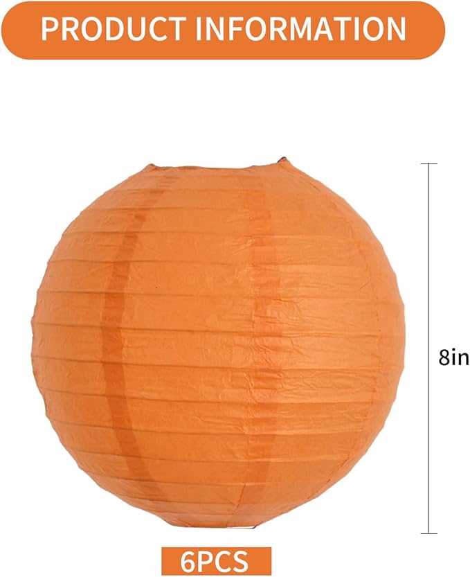BEISHIDA 8-Inch Orange Round Paper Lanterns Hanging Decorative Chinese Paper Lanterns Lamp for Birthday Wedding Party Decoration and Baby Bridal Shower（6 Packs）