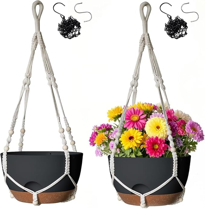 LESOASIS 12 Inch Hanging Baskets for Plants Outdoor, Hanging Planters for Indoor Outdoor Plants, Hanging Planter with Self Watering, Hanging Flower Pots (Black Planter with Macrame + Iron Hangers)