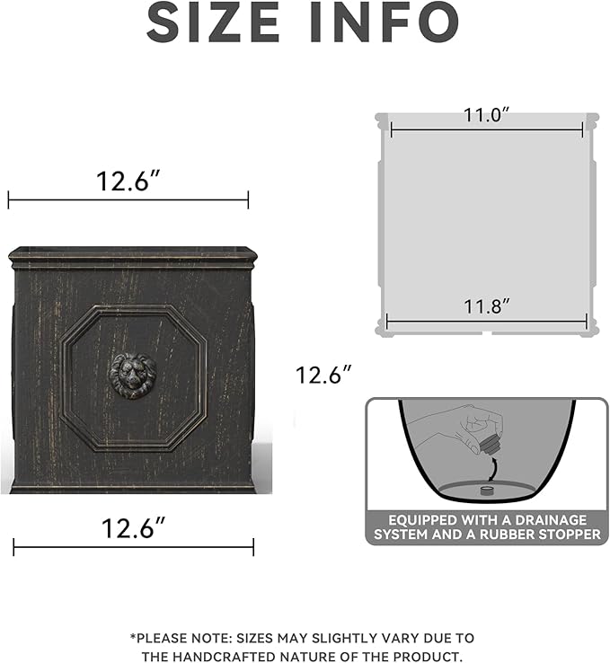 Kante Square Lion Head Concrete Planter, Classic English Style Plant Pot with Drainage Hole and Rubber Plug for Indoor Outdoor Garden Patio Home, 12.6"x12.6"x12.6" Oil Rubbed Bronze