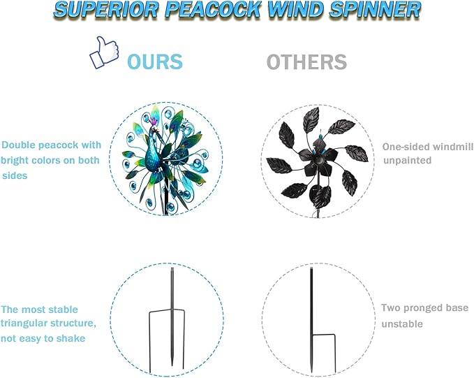 VEWOSTAR Outdoor Wind Spinner 58" Metal Peacock Wind Spinner Double Peacock Wind Sculpture for Garden Yard Patio Decoration
