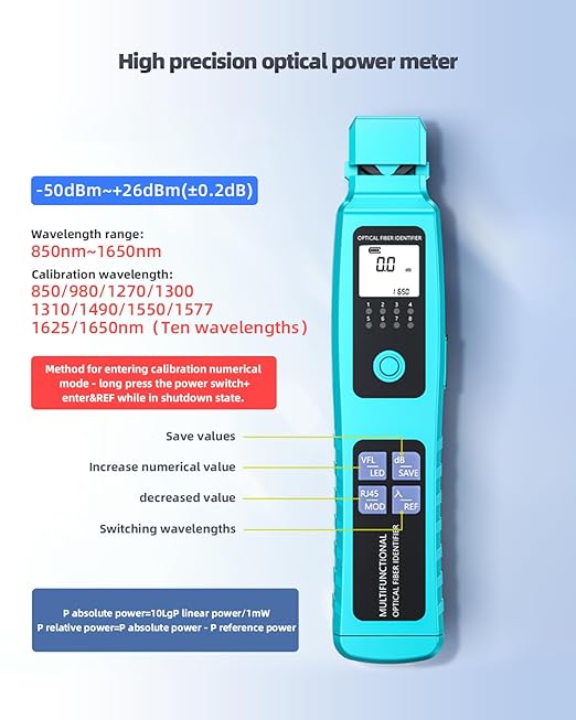 Buacoz Fiber Optic Identifier with Power Meter Red Light Source, -50-26dBm 5-in-1 Multifunctional Fiber Direction Finder Tester Kit, Single-Mode Multi-Mode Detector with Cable Tracer Rechargeable