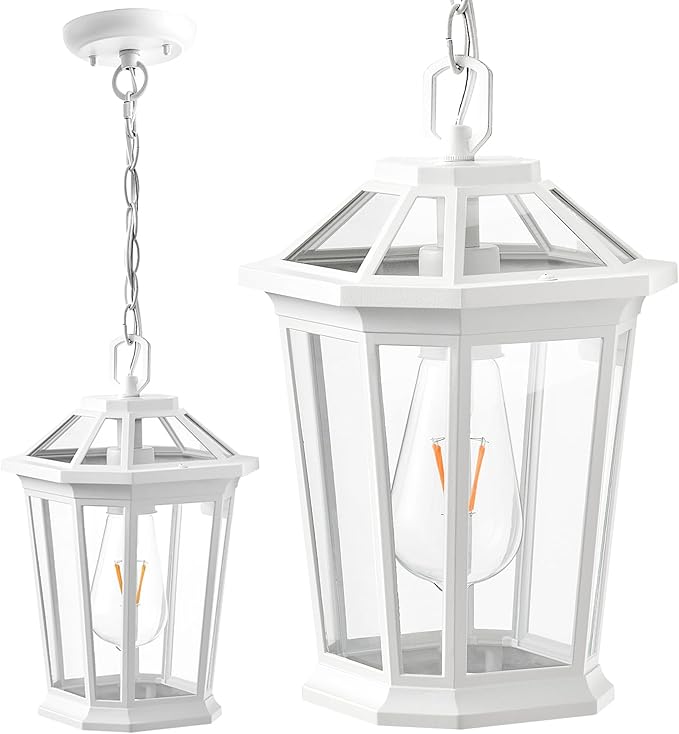 VIANIS White Outdoor Pendant Lights, Modern Hanging Outside Lights Lantern, Aluminum Porch Lights Outdoor Ceiling, Outside Chandelier for Porch with Clear Glass for House, Doorway