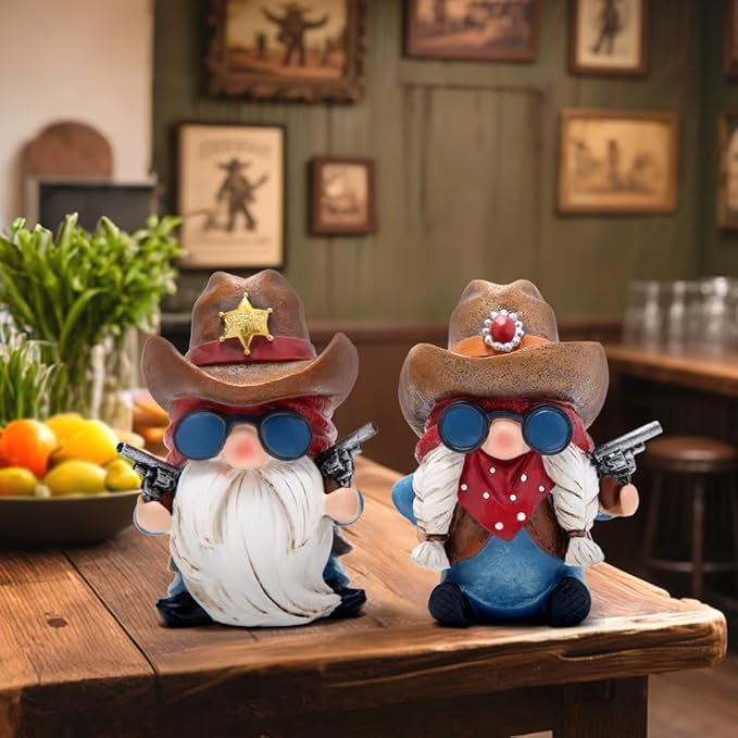 Hodao Cowboy and Cowgirl Gnome Figurines - Hand-Painted Western Resin Gnomes with Cowboy Hats, Sheriff Badge and Bandana - Rustic Farmhouse Decor and Gift for Tiered Tray, Mantel, Tabletop