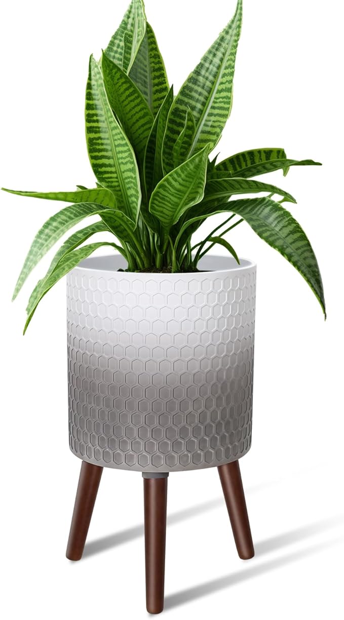 Opnons 12 Inches Indoor Plant Pot with Walnut Color Stand Honeycomb Embossed Flower Pot with Drainage Holes Large Modern Planters for Indoor Plants-Gradient White Gray