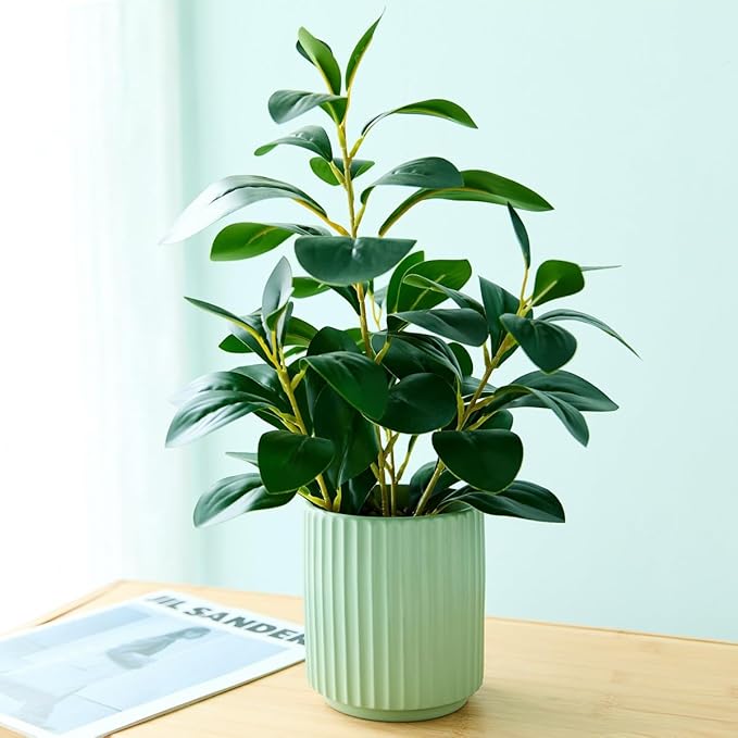 Ewtogift 14.6'' Fake Plant Ficus Leaves Artificial Plant in Light Green Ceramic Stripe Planter Faux Real Looking and Touching Evergreen for Home Living Room Indoor & Outdoor