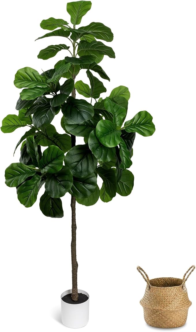 Artificial Fiddle Leaf Fig Tree 6FT - Large Fake Tree with White Planter&Basket, Tall Faux Ficus Lyrata Tree Floor Plants for Indoor Home Decor Office Living Room Housewarming Gift, 1Pack