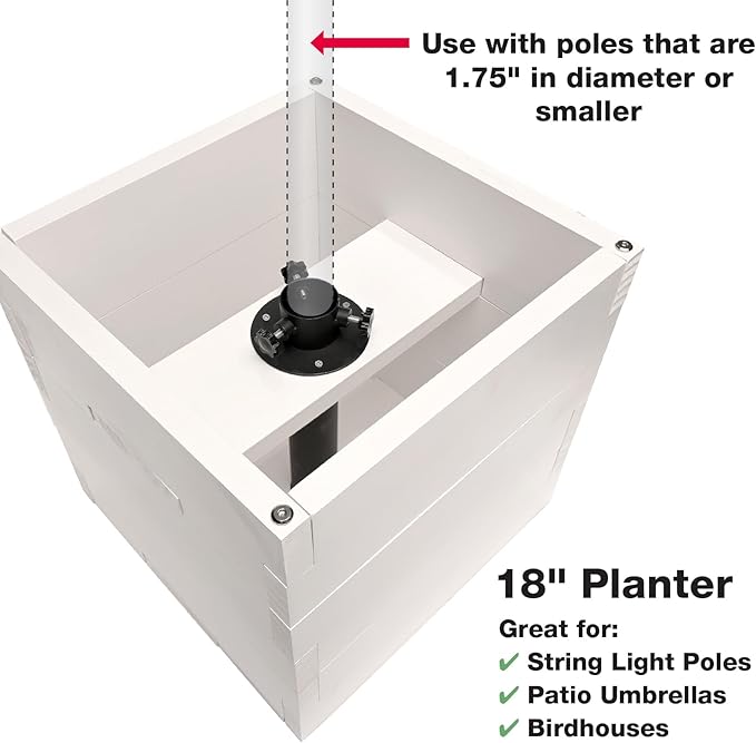 Extra Large Decorative Wooden Planter w/ Universal Pole Support for String Light Poles,Umbrellas,Bird Feeders. Solid Wood Outdoor Garden Patio Box for Plants(Does not include Pole), 17"x17"x18", White