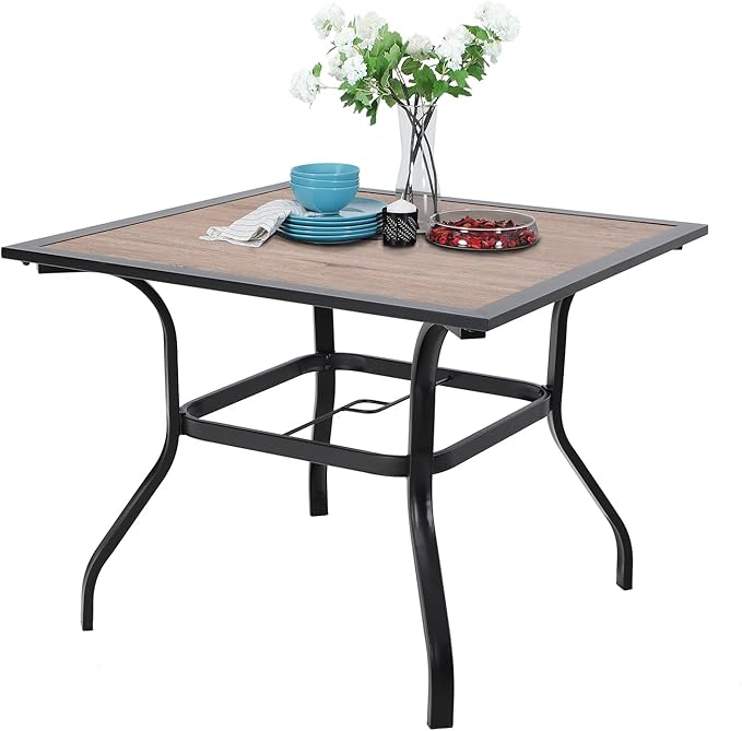 Sophia & William 37" Square Outdoor Dining Table with Umbrella Hole, Imitation of Wooden Surface Patio Dining Table for Lawn Garden, Sturdy Metal Steel Frame with Wood-Like Table top