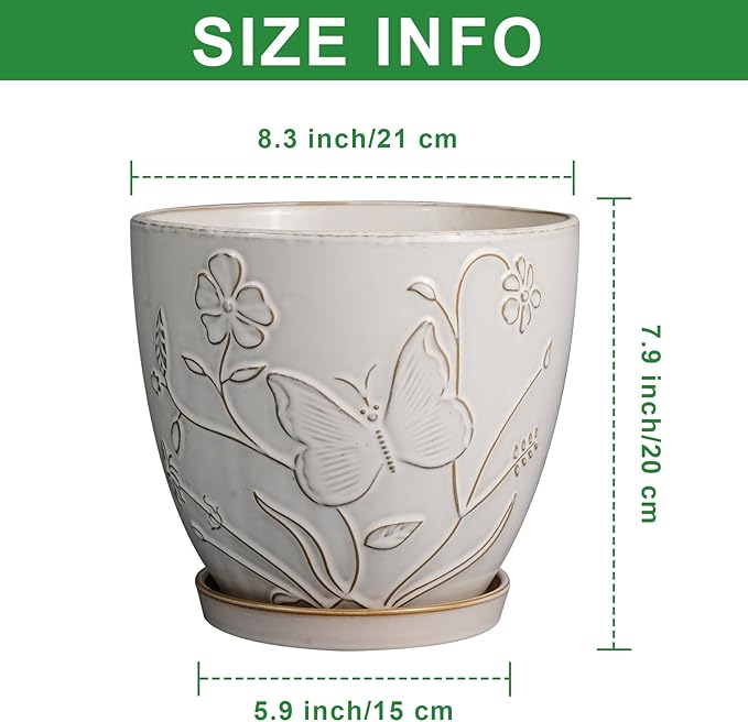 MPotTo 8 Inch Ceramic Pots for Plants Large Planter Pot with Drainage Hole and Saucer Round Flower Pot for Indoor Outdoor Decor, White