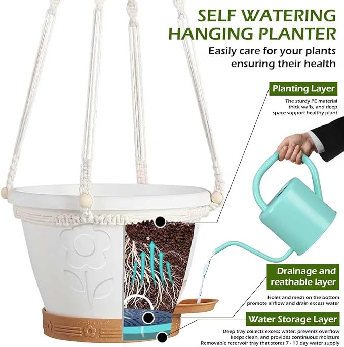 gegemaoyi 3 Pack Hanging Baskets Set, Hanging Planters for Indoor & Outdoor Plants, Self-Watering Hanging Pots with Removable Tray&Drainage Holes, Flower Pots for Home Garden Decor 10 Inch (White)