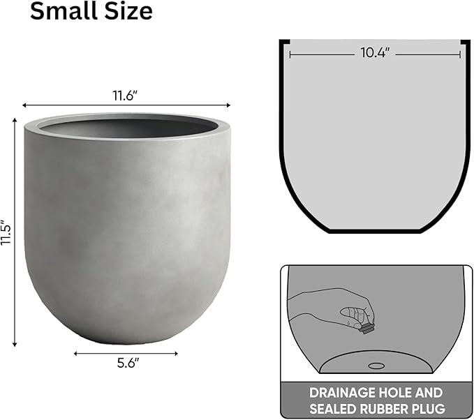 DTY Signature Mount Antero Modern Indoor Outdoor Fiberstone Bullet Shaped Planter, Durable Round Garden Pot, Weather Resistant, Drainage Hole & Rubber Plug - Small, Gray
