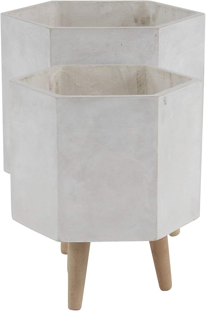 CosmoLiving by Cosmopolitan Magnesium Oxide Geometric Indoor Outdoor Planter Hexagon Large Planter Pot with Brown Wooden Legs, Set of 2 Planters 15", 17"H, White