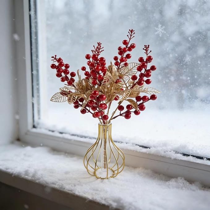 KYMY Chinese & Vietnamese Lunar New Year Artificial Berry Branch – 2026 Red Holly Berries Stems with Gold Leaves, 15.7 Inch Spring Festival Floral Picks for Vase Table Home Decor