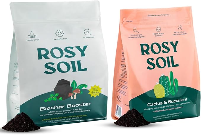 Rosy Soil Biochar Booster 8qt + Cactus & Succulent Potting Mix 4qt Organic Indoor Living Soil Bundle - Peat-Free, Fast Draining Mix with Mycorrhizae, Worm Castings & Biochar for Healthy Root Growth
