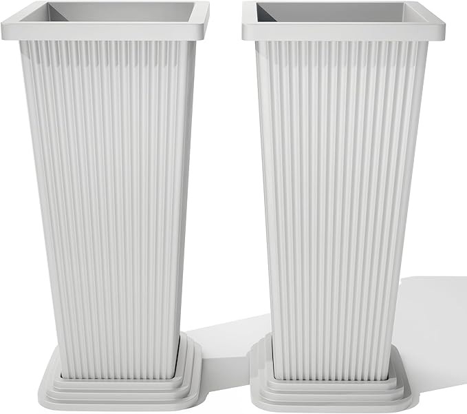 TUYOHW Set of 2 Large Tall Planter for Indoor or Outdoor 24" Flower Pots Tapered Tall Planters with Tray for Porch, Patio, Backyard, Large Planters for Outdoor Indoor Plants(White,Striped)