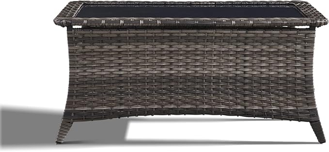 Outdoor Coffee Table - Patio Rattan Wicker Coffee Table with Tempered Glass Top Outdoor Table for Deck Porch Balcony Garden - Grey