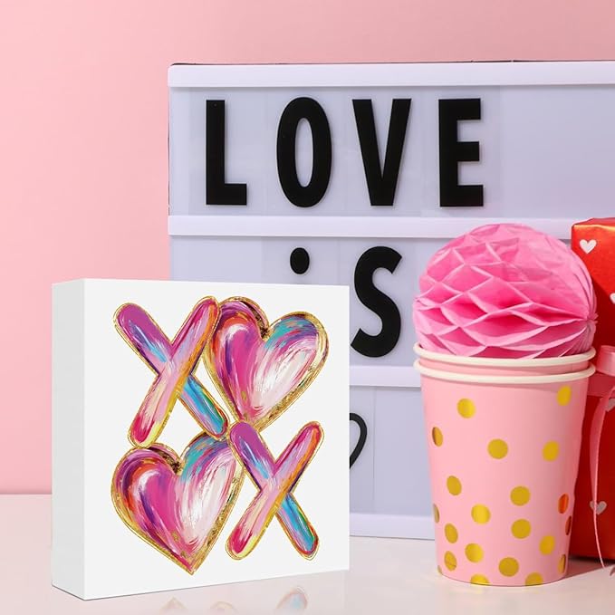 Valentines Day Decorations, Valentines Day Gifts for Her Him, Gift for Boyfriend Girlfriend, Romantic Pink Abstract Heart Anniversary Wooden Box Sign Husband Wife Home Office Bedroom Desk Decor