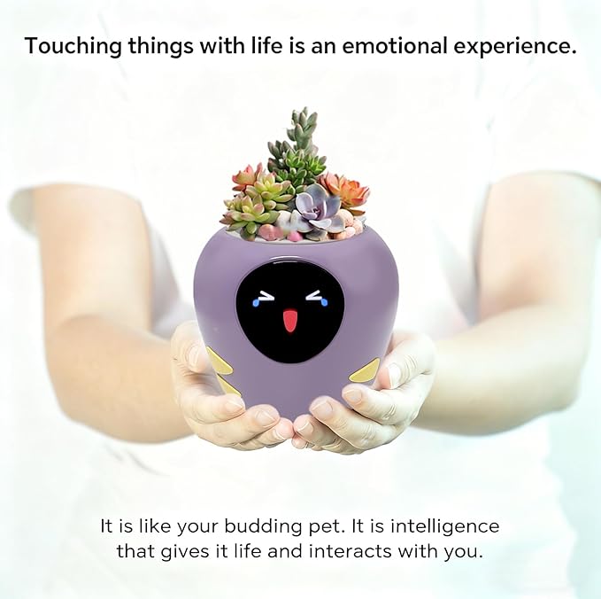 Odpaltoy Smart Plant Pot with Expression, AI Intelligent Flower Pot for Indoor Decoration, Smart Garden Pot with Water/Light/Temperature Sensors, Ivy AI Planter (Purple（Big）)