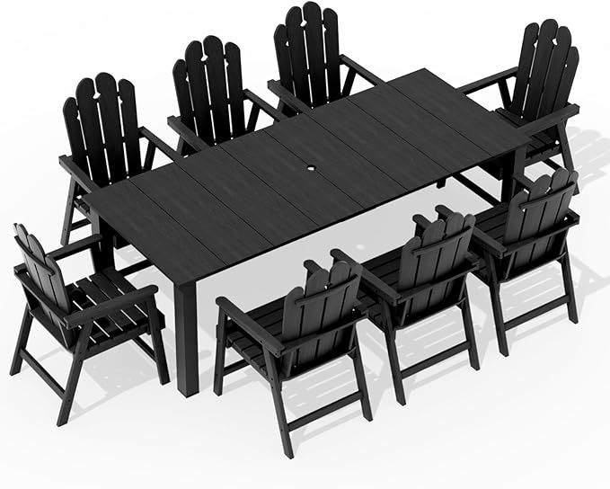 9-Piece Patio Dining Set, Outdoor Dining Set for 8, Large HDPE All-Weather Outdoor Furniture with 89.57” Umbrella Hole Table, 8 Armchairs, Black