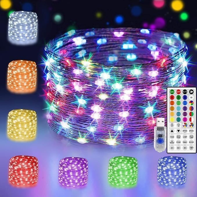 24 Multi Color Changing Fairy Lights USB Powered with Remote Control, 33ft 100 RGB LED Bright Silver Wire Starry String Lights for Christmas Tree, Wedding Party, Bedroom Holiday Décor
