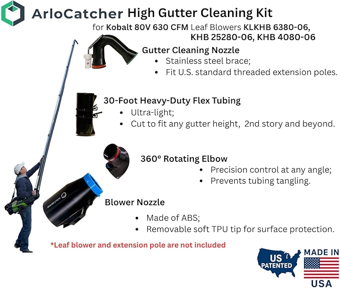 ArloCatcher 2-Story High Gutter Cleaning Kit for Kobalt 80V 630 CFM Leaf blowers, KHB 6380-06, KHB 25280-06, KHB 4080-06, Clean Two-Story Gutters from Ground, Extension Pole Not Included