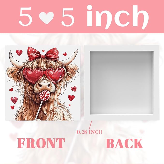 Valentines Day Decorations, Valentines Day Gifts for Her Him, Gift for Boyfriend Girlfriend, Vintage Heart Bow Highland Cow Anniversary Wooden Box Sign Husband Wife Home Office Bedroom Desk Decor