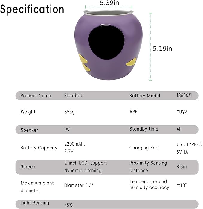 Odpaltoy Smart Plant Pot with Expression, AI Intelligent Flower Pot for Indoor Decoration, Smart Garden Pot with Water/Light/Temperature Sensors, Ivy AI Planter (Purple（Big）)
