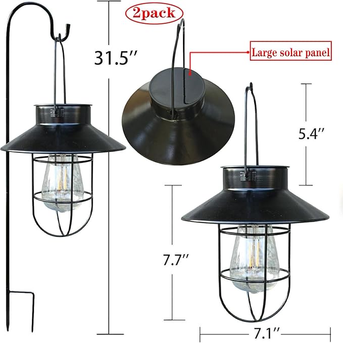 2 Pack Solar Lanterns ,Outdoor Waterproof Solar Lamp with Shepherd Hook, Metal Edison Bulb Lights Gifts for Gifts for Women/Mom Garden Outdoor Pathway Decor (Black)