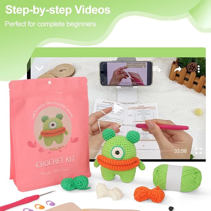 Autglint Monster Crochet Kit for Beginners - Whimsical Amigurumi Creature DIY Starter Set with Video Tutorials | Sensory Soft Yarn & 40% Extra Material | Emotional Support Worry Monster Gift