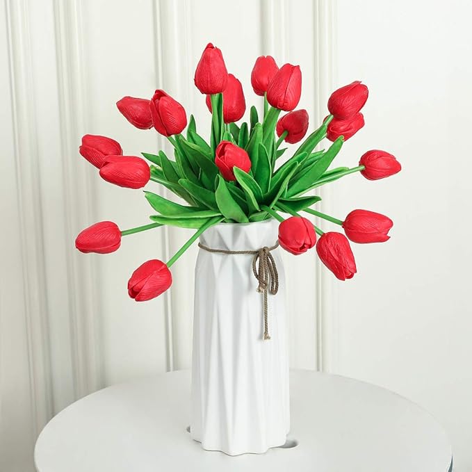 Kisflower 30Pcs Latex Tulips Real Touch Red Artificial Flowers Fake Tulips Arrangement Bouquet for Home Office Wedding Decor (Red)