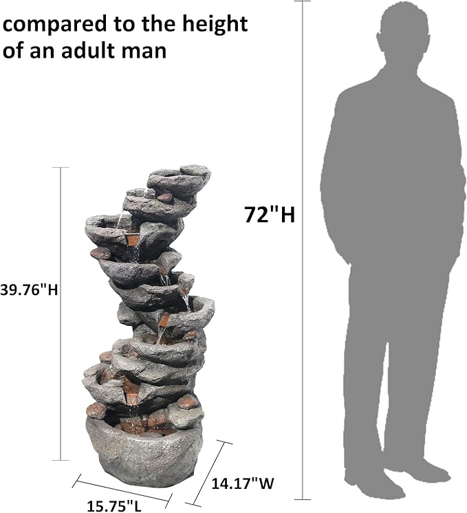 YZM 10-Tier Cascading Rock Water Fountain Outdoor Garden Waterfall Fountains Patio Backyard Deck Porch Pond Art Decor for Outside 39.76" H Outdoor Feature with LED Lights