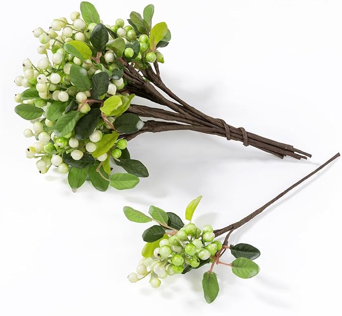 SHACOS Artificial White Berry Stems 20 PCS Pack Fake Berries Branches Spray with Green Leaves 9.8 inch Small Berry Picks for Christmas Decorations Crafts Filler Holiday Home Decor, White