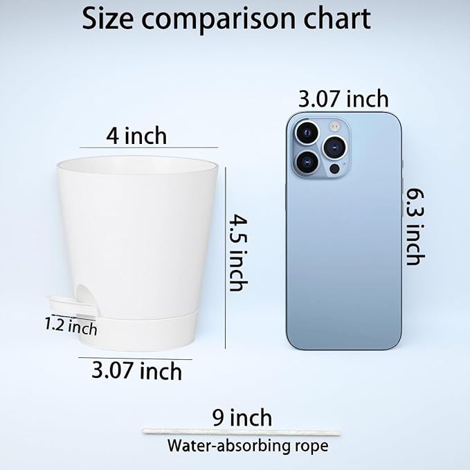 zople 12 Pack 4 Inch Self Watering Plant Pots with Drainage and Saucers，Plastic Flower Pots for Indoor and Outdoor Plants, Nursery Planters for Houseplants and Herbs White, 4 inch 12pcs