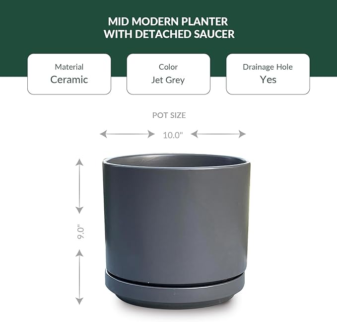 PLANTATOREM Ceramic 10 Inch Mid Modern Planter Pot with Drainage Hole and Saucer, Indoor Cylinder Round Flower Pot, Perfect for Planting Succulents, Herbs, Flowers, House Plants, Jet Grey